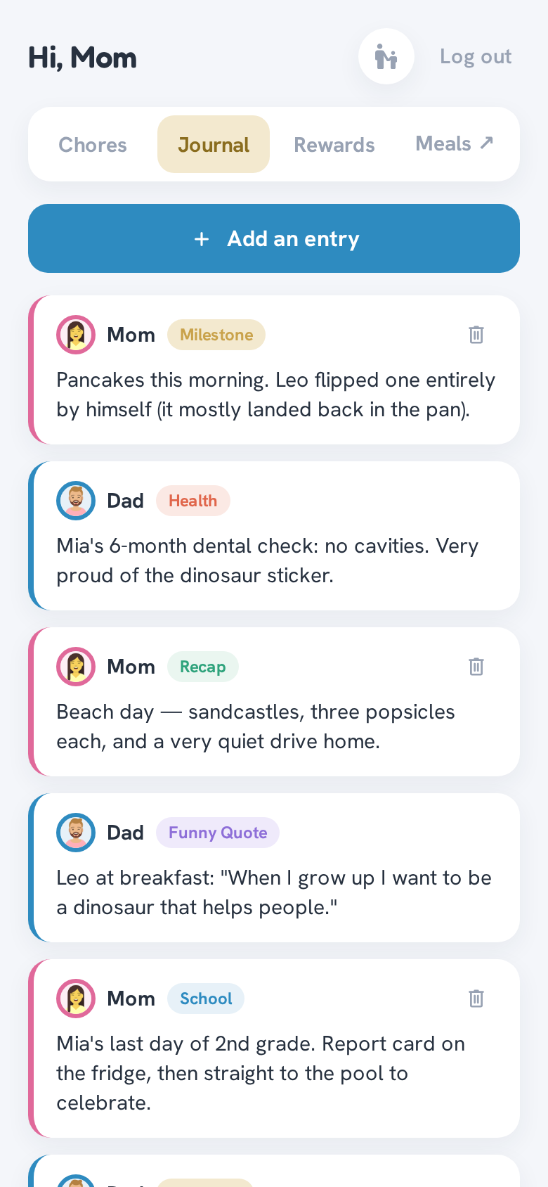 The companion phone app showing the family journal